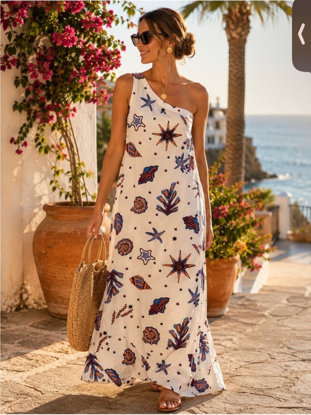 🍾NWT C&C California One-Shoulder White Maxi Dress w/Nautical Shell Print, Size L - Picture 4 of 8